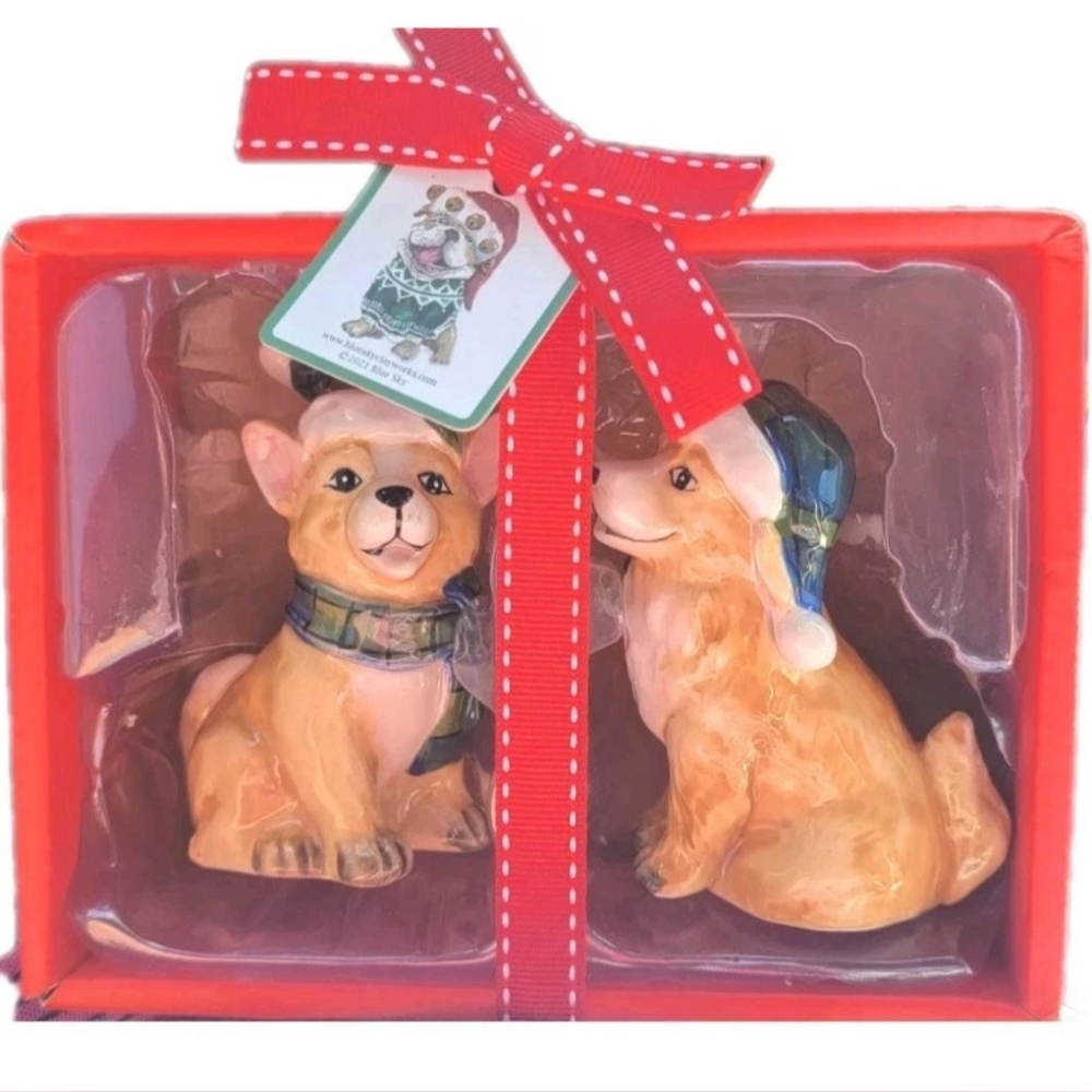 Blue Sky Handcrafted Ceramic Christmas Corgi Dog Salt & Pepper Shaker Box Set